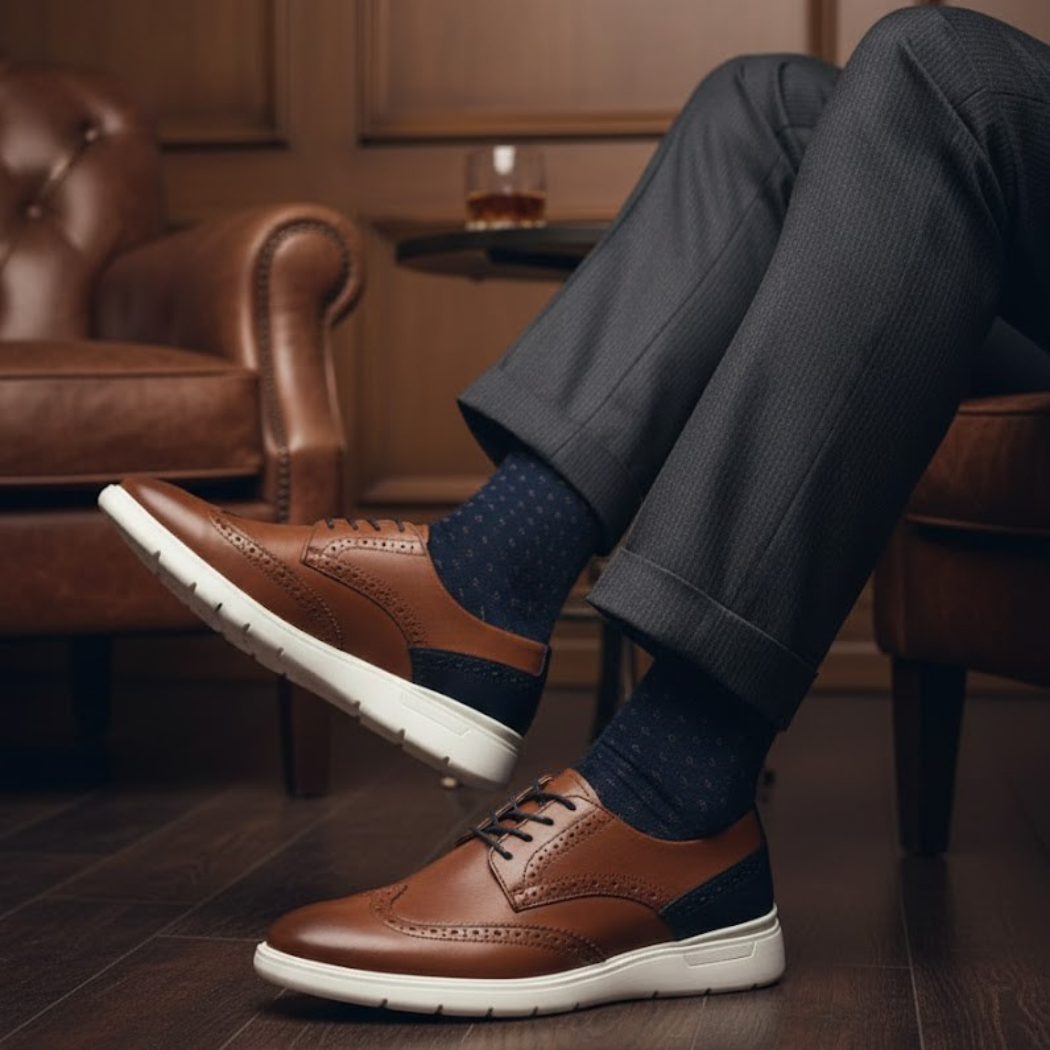 Zapato Gatsby brogue de piel atanada canela con detalles en marino - Calzado Jácome (vista 4)