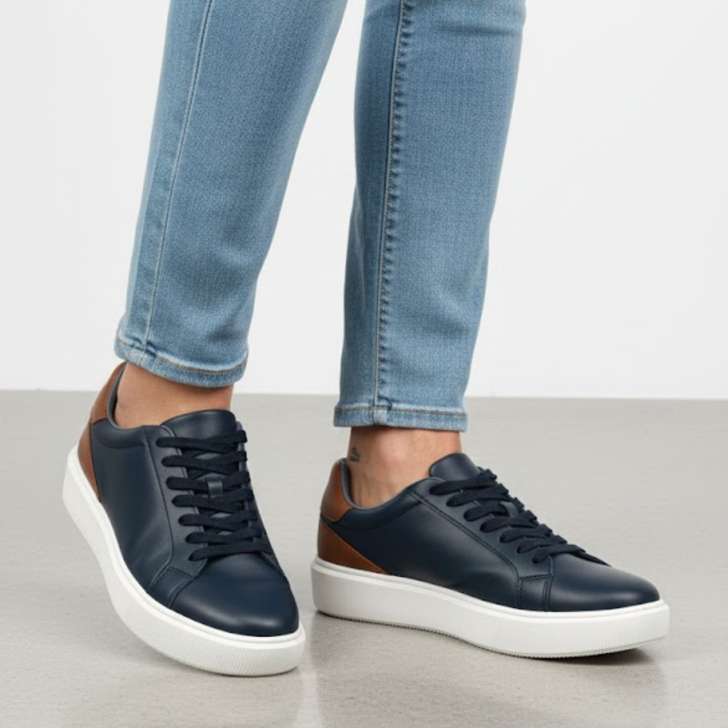 Tenis Denim Piel azul marino con contraste miel y suela blanca - Calzado Jácome (vista 4)