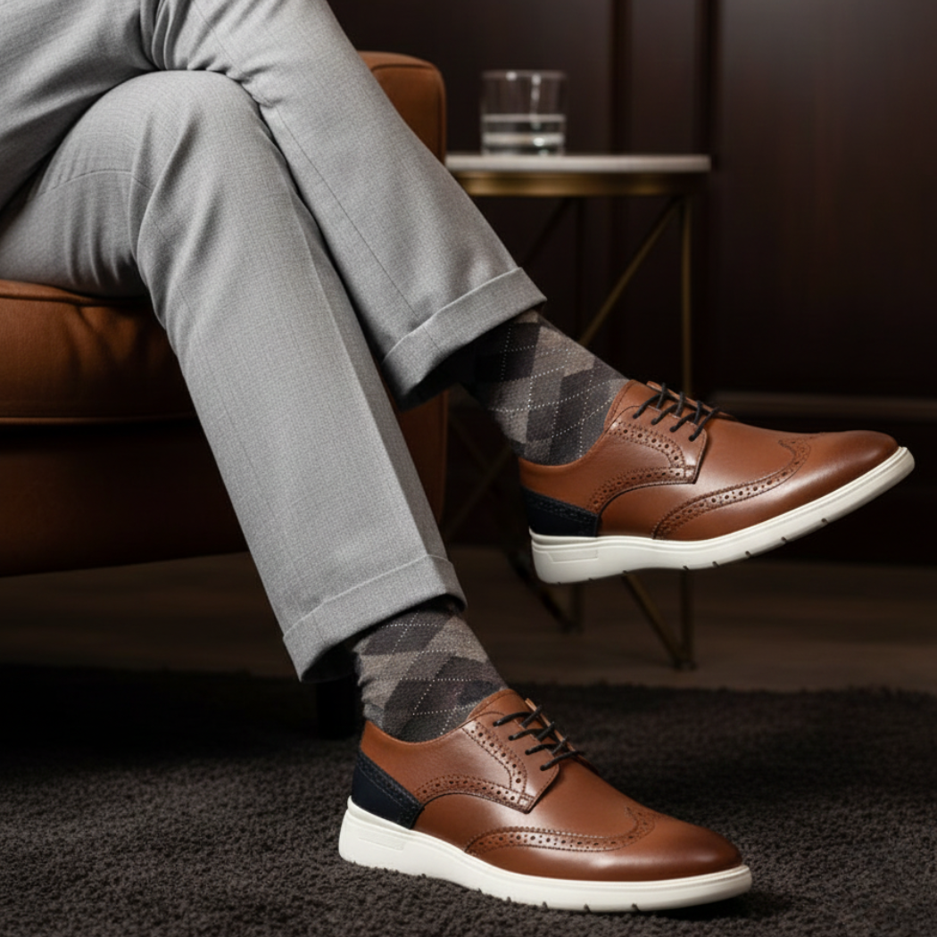 Zapato Gatsby brogue de piel atanada canela con detalles en marino - Calzado Jácome