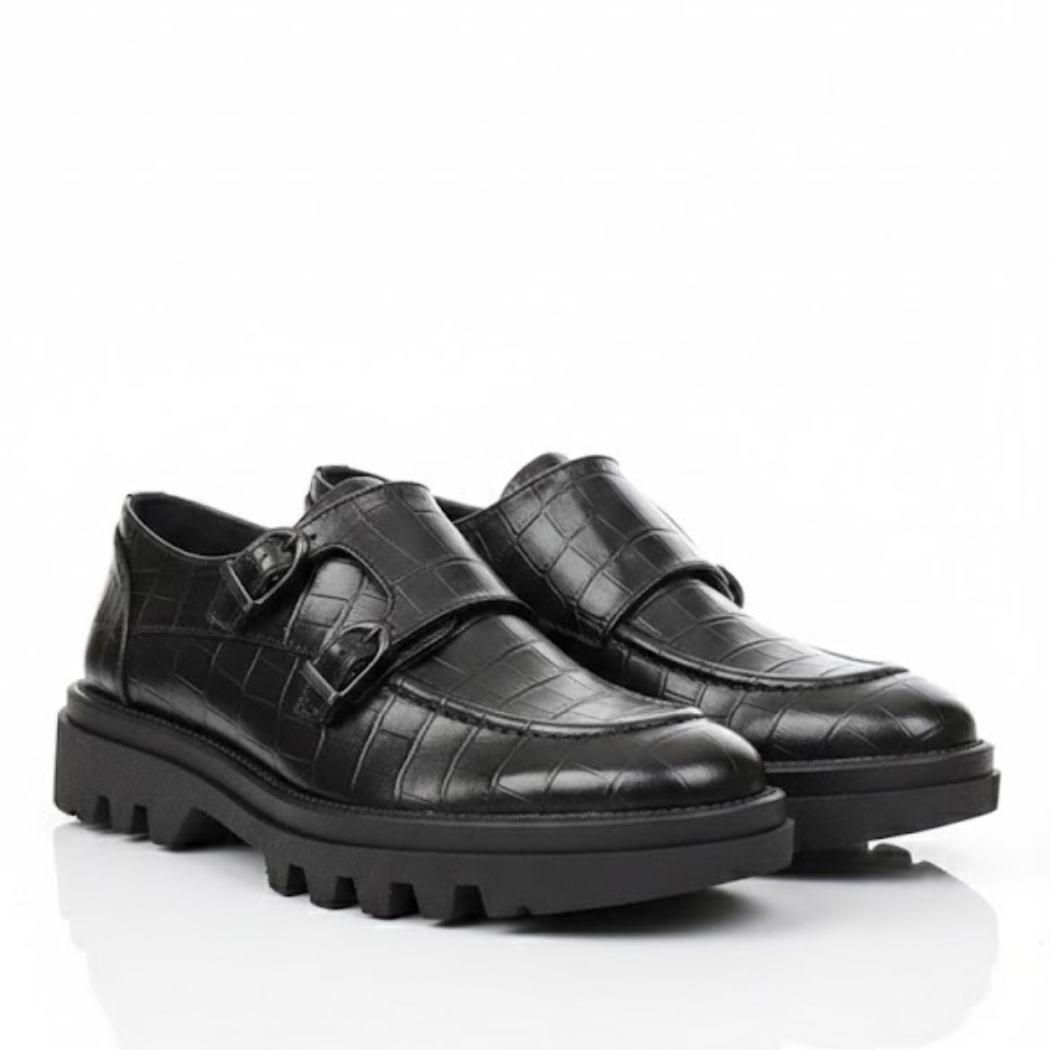 Zapato Monk Balboa de piel grabada tipo coco color negro - Calzado Jácome