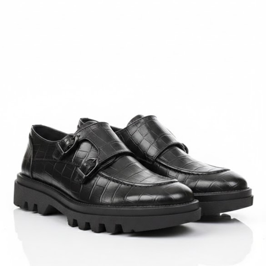 Zapato Monk Balboa de piel grabada tipo coco color negro - Calzado Jácome